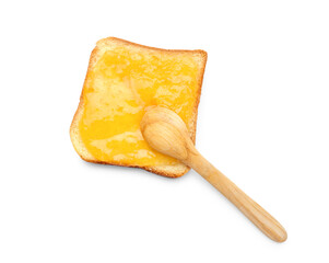 Toast with tasty orange jam on white background