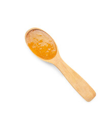 Spoon of tasty orange jam on white background