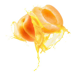 Fototapeta na wymiar apricots in juice splash isolated on a white background