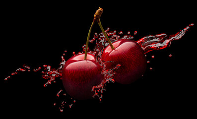 red cherries in red juice splash on a black background