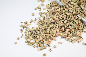 Dried water hyacinth for shockproof wrap in parcel paper box for packing and shipping  on white background.