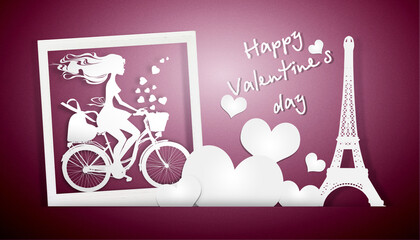 Beautiful girl with hearts on bicycle. 3d Illustration