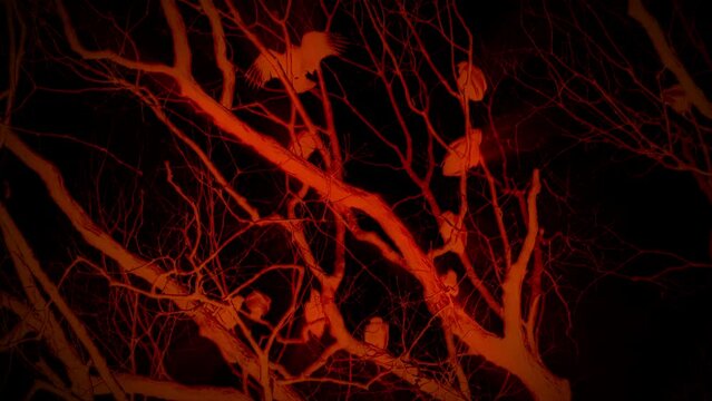 Vultures perched in tree branches Halloween colorized red and black
