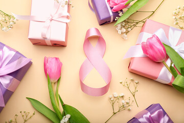 Composition with figure 8 made of ribbon, gift boxes and flowers for International Women's Day celebration on color background