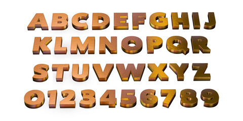 3D Alphabet and Numbers Made of Gold Isolated on a White Background
