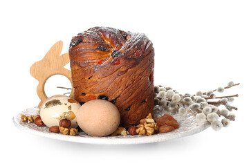 Plate with delicious Easter cake, eggs and pussy willow branches on white background