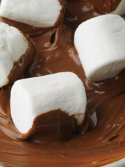 macro photography. White marshmallow in chocolate paste. Sweet food, breakfast. Calories, holiday, birthday. Traditional American food. there are no people in the photo.