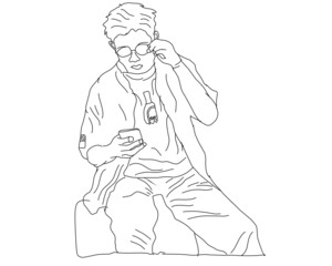 line art of boy in glasses sitting and playing with handphone on white background. Vector illustration