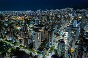 Aerial view of the city of Belo Horizonte at night, Minas Gerais, Brazil.