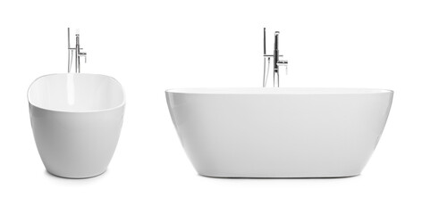 Stylish ceramic bathtubs on white background, collage. Banner design