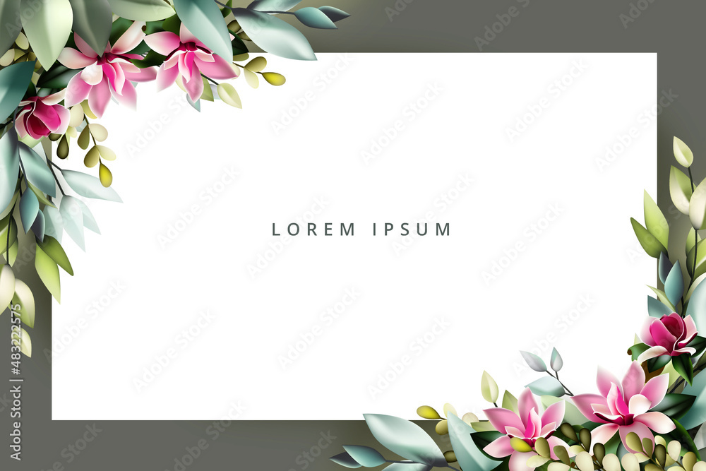 Sticker Spring flora frame background with green leaves and beautiful flower
