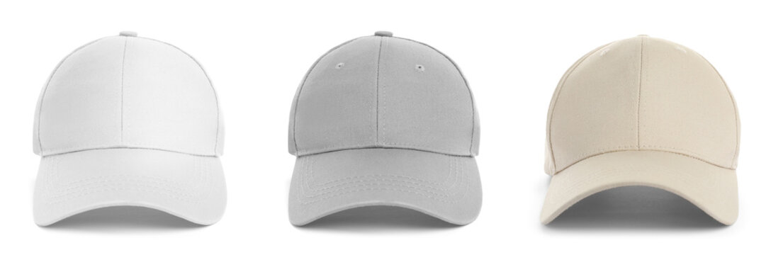 Set with different baseball caps on white background. Mock up for design