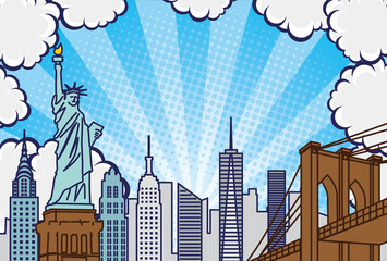 ポップアート風のニューヨークの街並み背景イラスト - obrazy, fototapety, plakaty