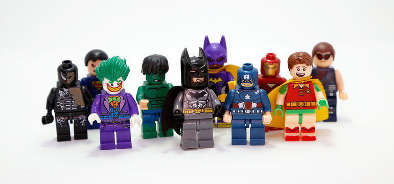  Lego Marvel. Superheroes and villains. Batman, Captain America, Hulk, Robin, Joker, Ironman, Catwoman, Superman, Venom. Toys for childrens. Small plastic figures. Fight of good against evil. Isolated