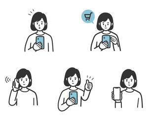 Obraz premium スマホを使う女性のイラストセット