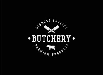 Butchery Shop Logo Design Template. Cow and Knife meet cleave vector template 
