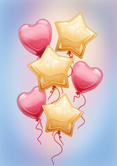 Balony w kształcie serca i w kształcie gwiazdki. Ilustracja imprezowych balonów wypełnionych helem w radosnych kolorach. Dekoracje na urodziny, baby shower, walentynki, uroczystość, wesele, festiwal.