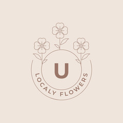 Letter U Flower Logos Emblem Design Template with Botanical Plants and Petals Vector Illustrations Minimal Line Art Style. Outline Symbols for Cosmetics and Packaging or Floral Products Branding