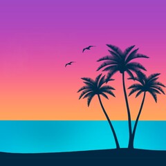 Fototapeta na wymiar Palm trees with night gradient background, concept framework, drink, artwork, splash, wallpaper, card, summer, sea ​​view, sky