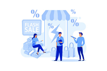 e-commerce promotion flash sale concept. a man hold megaphone. special offer, e-commerce shop promotion, retail income abstract metaphor. flat vector illustration 