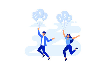Fototapeta na wymiar Businessman flying on balloons with currency symbols dollar. Success in business and development. Vector illustration.