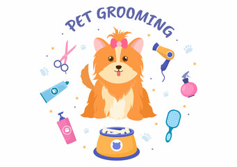 Pet Grooming for Dogs and Cats in Flat Cartoon Hand drawn Background Illustration. The Main Tools Which are used in Beauty Salon for Poster or Banner