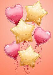 Balony w kształcie serca i w kształcie gwiazdki. Ilustracja imprezowych balonów wypełnionych helem w radosnych kolorach. Dekoracje na urodziny, baby shower, walentynki, uroczystość, wesele, festiwal.