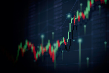 Financial graph with up trend line candlestick chart in stock market on blue color background
