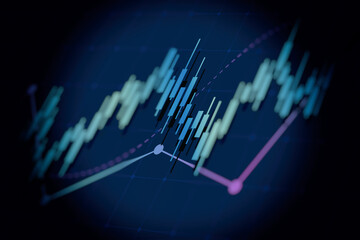 Financial graph with up trend line candlestick chart in stock market on blue color background
