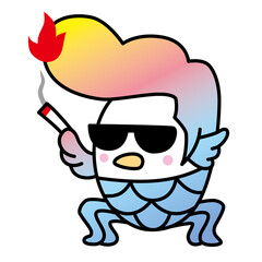 つっぱりアマビエ君がサングラスをして、タバコを吸っています。
コロナで流行った日本の妖怪「アマビエ」。
あまりにもコロナが長引くので、グレてポンパドールの髪型にしちゃったアマビエ君ですが、熱いハートを持っています。
ベクターイラスト。