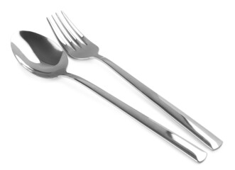 New shiny fork and spoon on white background