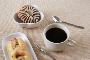Sausage,Taro bread and cup of coffee