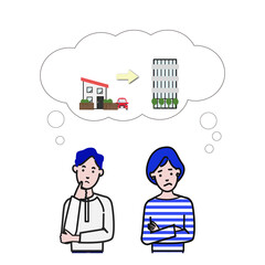 困った顔をし住み替えを考える若いカジュアルな男女カップルの白背景に線画の動画にも使えるシンプルなイラスト