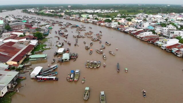 Aerial view of the traditional Cai Rang Floating Market in Can Tho city, Mekong Delta, South Vietnam. 