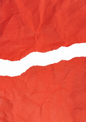 Crumpled red paper torn horizontally  with torn edges on a white background. isolated. place for your text.
