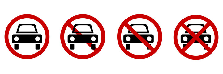 No car icon set. Vehicle sign. Red circle. Prohibited symbol. Road element. Flat design. Vector illustration. Stock image. 