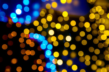 background blurred abstraction of colored lanterns and decorations. bokeh texture of street colored lights