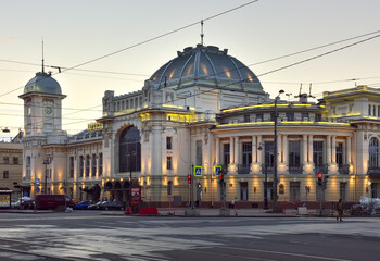 Vitebsk railway station at dawn. Building with night lighting