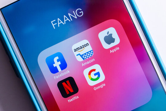 Kumamoto, Japan - Apr 23 2020 :
Image of FAANG Big Tech icons (Facebook, Amazon, Apple, Netflix & Google) on iPhone screen. FAANG is an acronym /a buzzword.