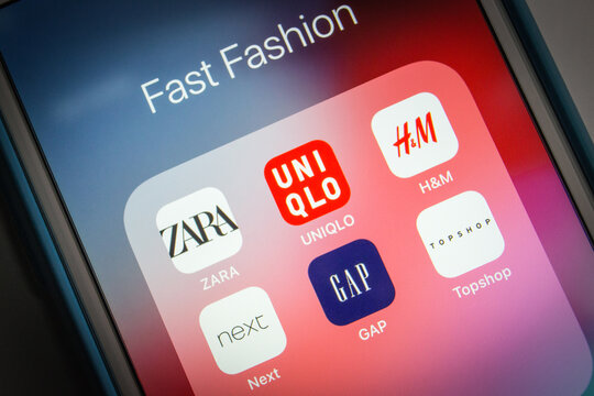 Kumamoto, Japan - Apr 29 2020:.Brands (ZARA, UNIQLO, H&M, Next, GAP & TOPSHOP) of fast fashion on iOS. A term used by fashion retailers for designs that flow from the catwalk quickly to capture trends
