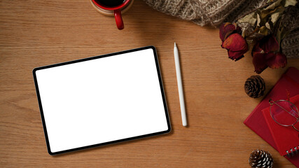 Vintage retro workspace with digital tablet mockup.