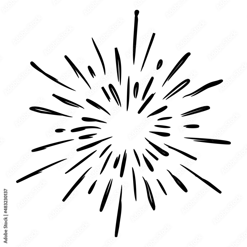 Poster starburst, sunburst hand drawn. design element fireworks black rays. comic explosion effect. radiati