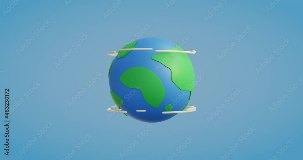 Poster 3d spinning cartoon earth on blue background.4k seamless loop animation.3d rendering illustration.