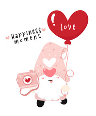 Cute happy Valentine Gnome boy have camera and heart shape balloons, happiness moment, cartoon flat vector