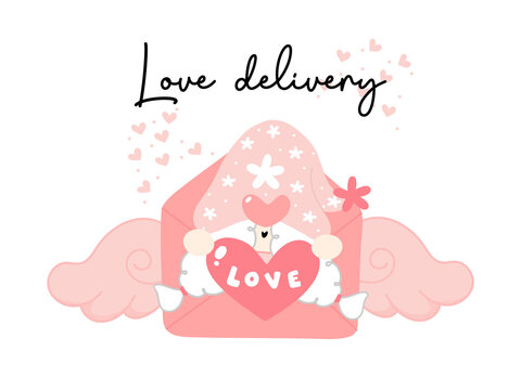 Cute valentine gnome girl with love heart and cupid love letter, love delivery, cute cartoon flat vector