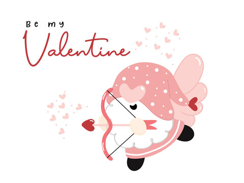 Cute Cupid valentine Gnome with heart archery, cartoon flat vector