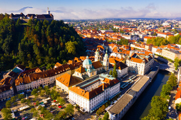 Landscape of Slovenian town of Ljubljana, panoramic view from drone