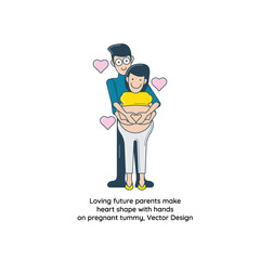 Loving future parents make heart shape with hands on pregnant tummy, Vector Design
