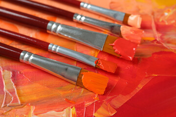 Set of different brushes on abstract colorful paint, closeup