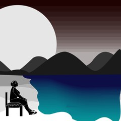Naklejka na ściany i meble illustration of a woman sitting on the beach. there are mountains and the moon shines behind the mountains